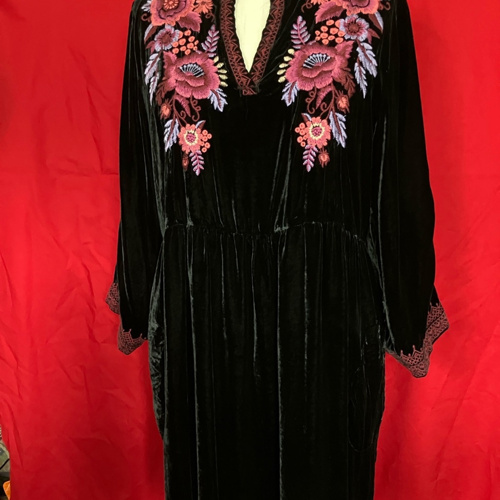 Johnny Was Black Velvet Dress with Pink and Purple Floral Embroidery - Picture 4 of 12